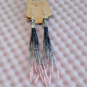 Pink and Black Dangle Earrings with Beaded Cascade